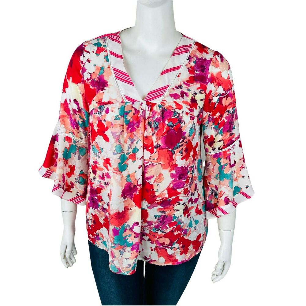 NY Collection Womans SZ XL Blouse Pink Floral 3/4 Sleeve V Neck Stripe White